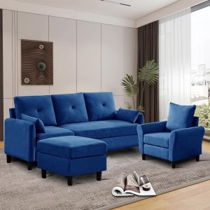 Urban Decor 4 Seater Sofa Set 3+1 Heavy Duty Durable Home Sofa Office Living Room Furniture with Ottoman-Blue - Image 1