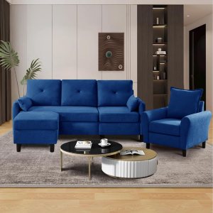 Urban Decor 4 Seater Sofa Set 3+1 Heavy Duty Durable Home Sofa Office Living Room Furniture with Ottoman-Blue - Image 7