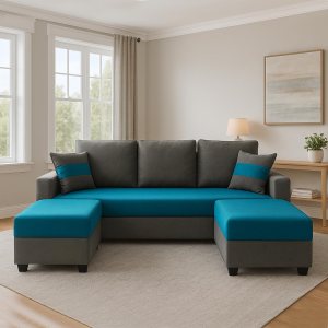 Urban Decor Modern 3 Seater Fabric Sofa Set with Dual Ottomans for Living Room & Guests - Image 2