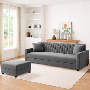 Urban Decor Modern 3 Seater Fabric Sofa with Vertical Channel Tufting & Matching Ottoman for Living Room