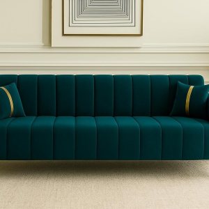 Urban Decor Luxury 3 Seater Velvet Fabric Sofa Set with Channel Tufting & Metal Legs